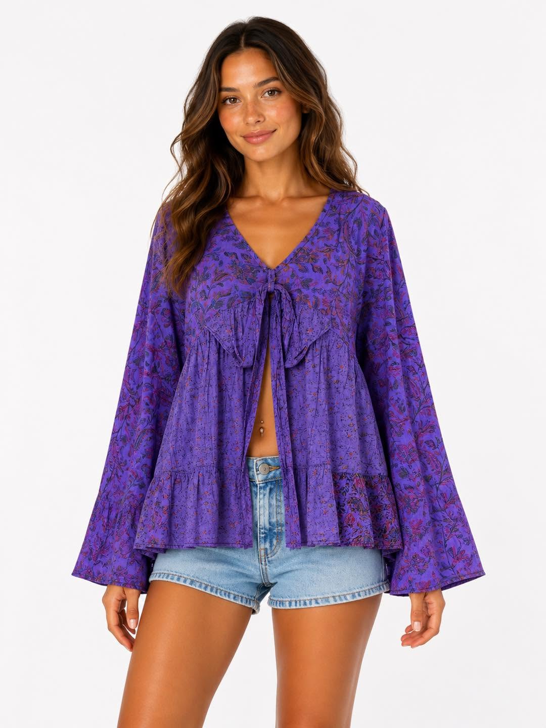 Cotton Flared Long Sleeve Top With Tie