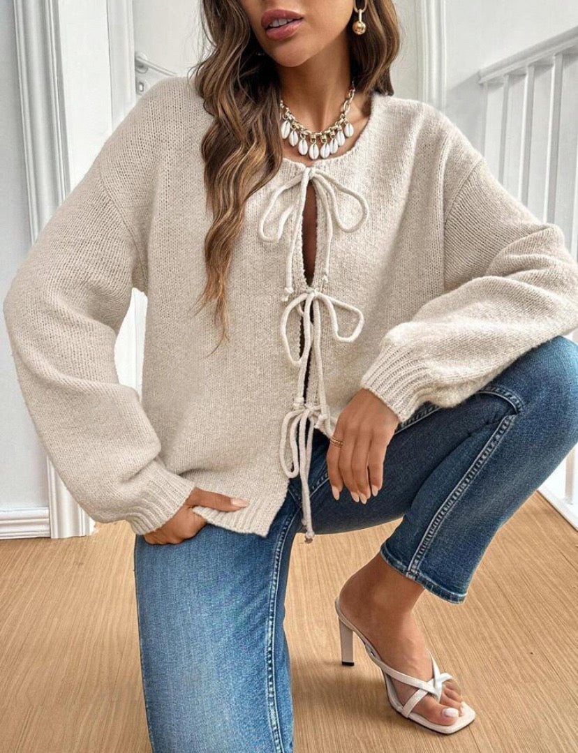 #Tie Front Knit Cardi Cream