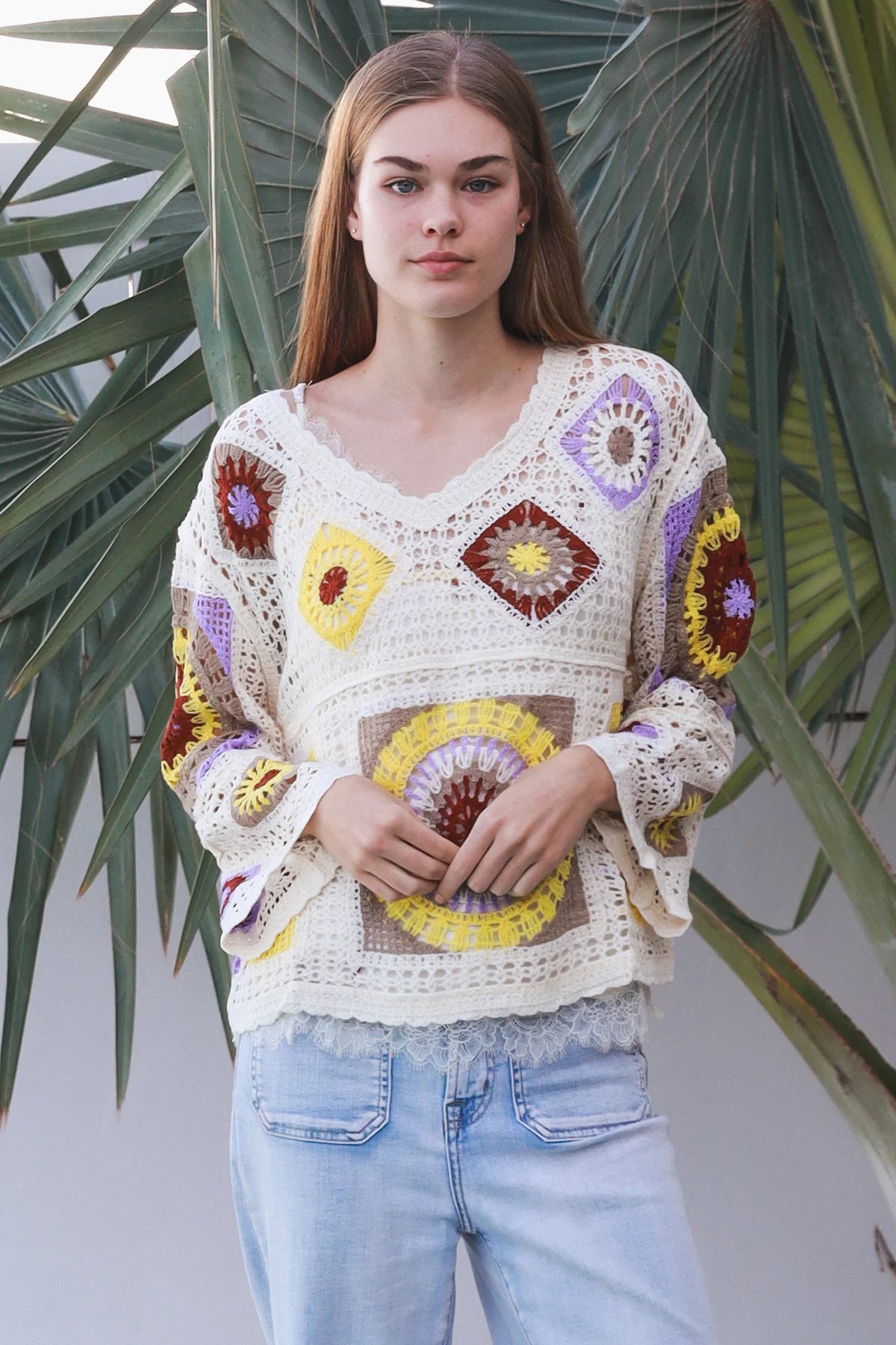 Kia V-Neck long Sleeve Crochet Top
