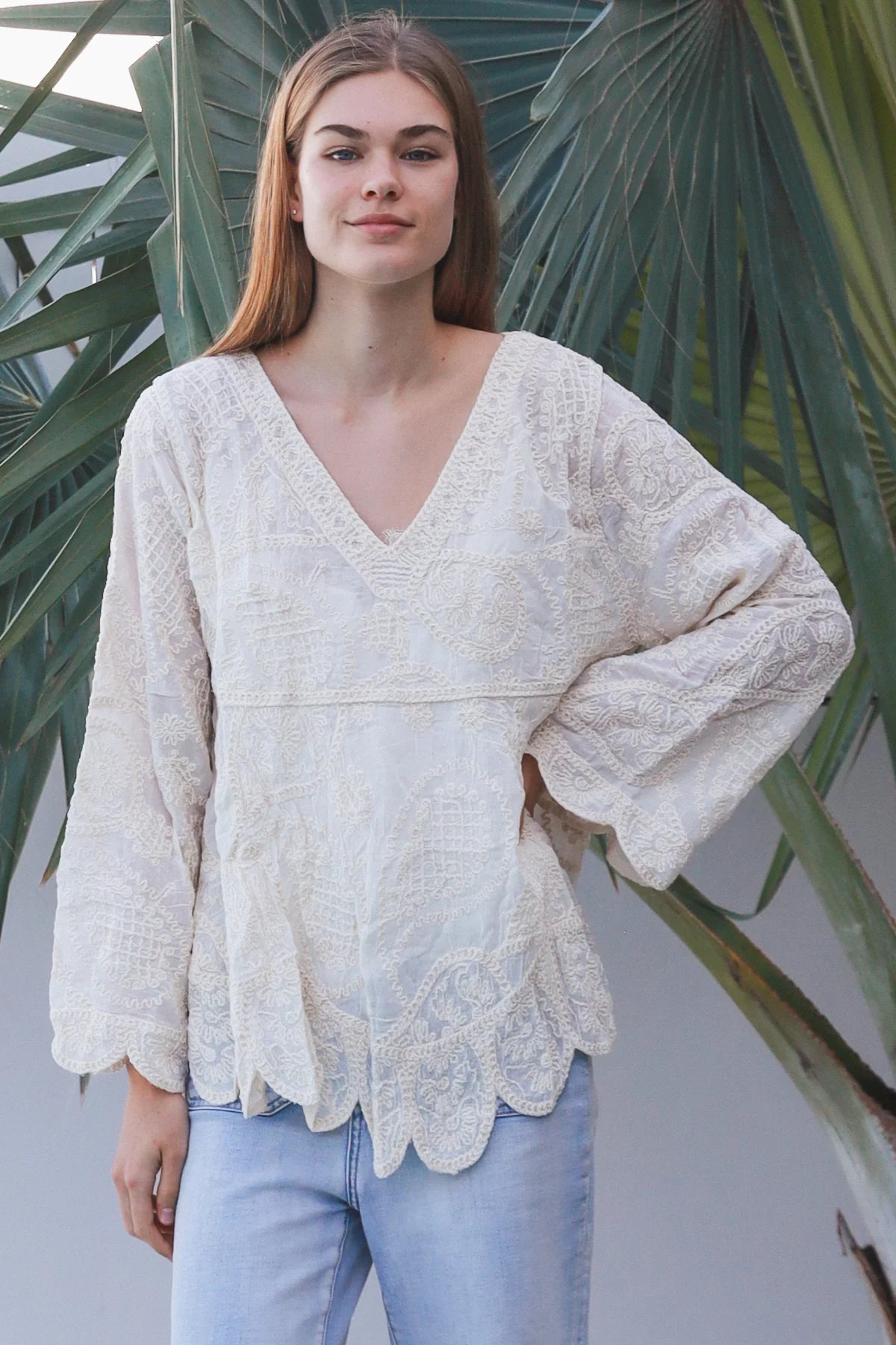 Long Sleeve Crochet Top With Scallop Hem