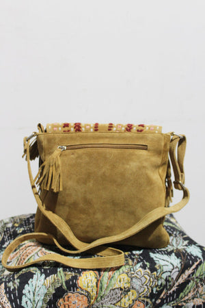 Suede Boho Bag With Tassles & Latticework