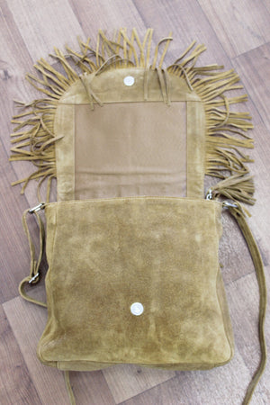 Suede Boho Bag With Tassles & Latticework
