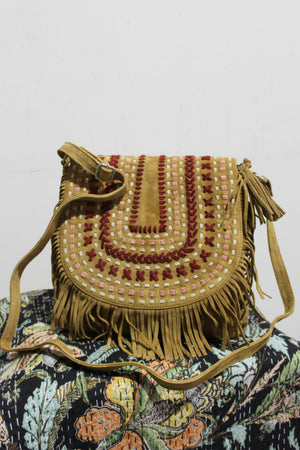 Suede Boho Bag With Tassles & Latticework
