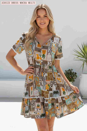 Coastal Stamps V-neck Mini Dress