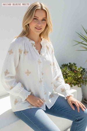 Pansy Embroidered Button Up Blouse