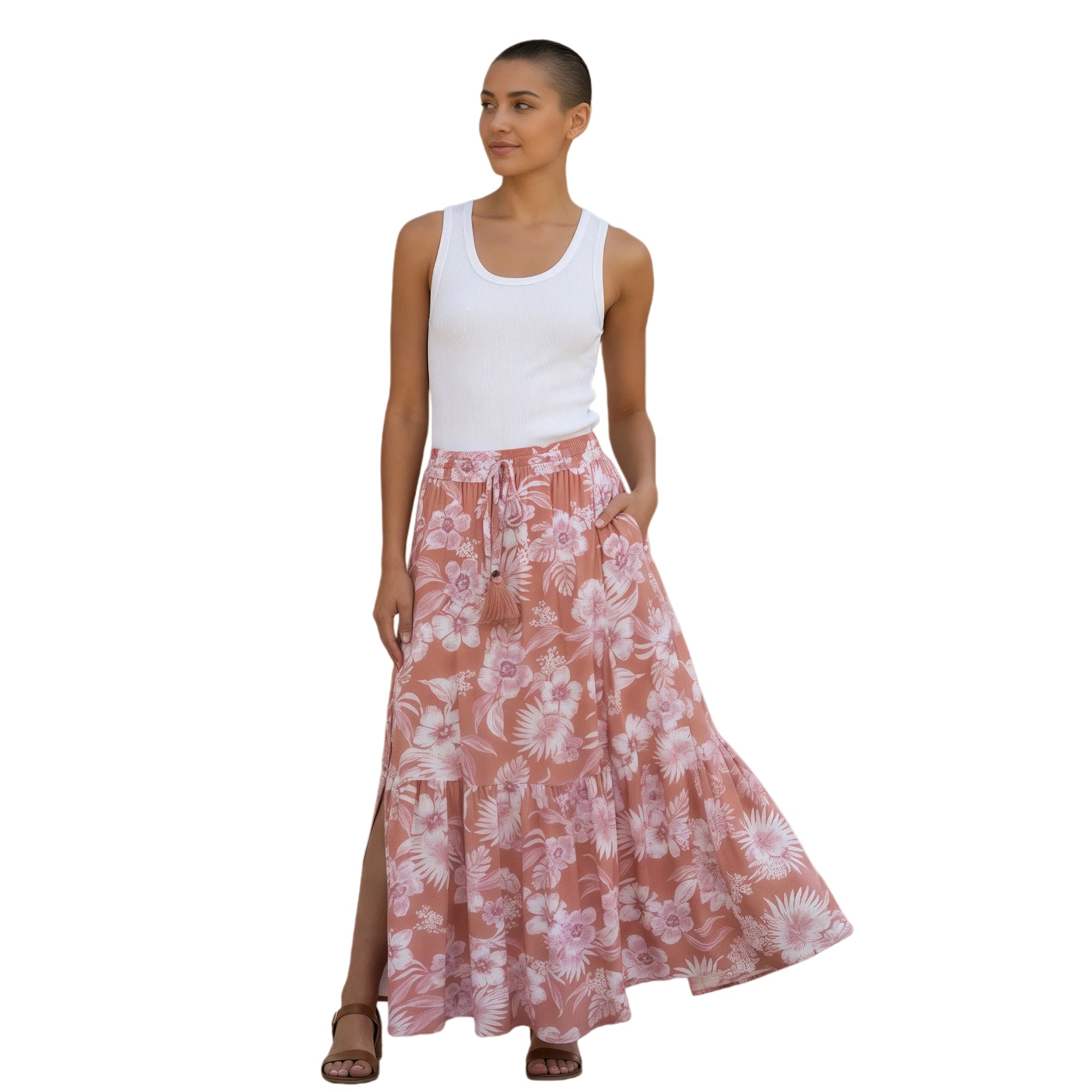 Peach Sunset Hibiscus Maxi Skirt