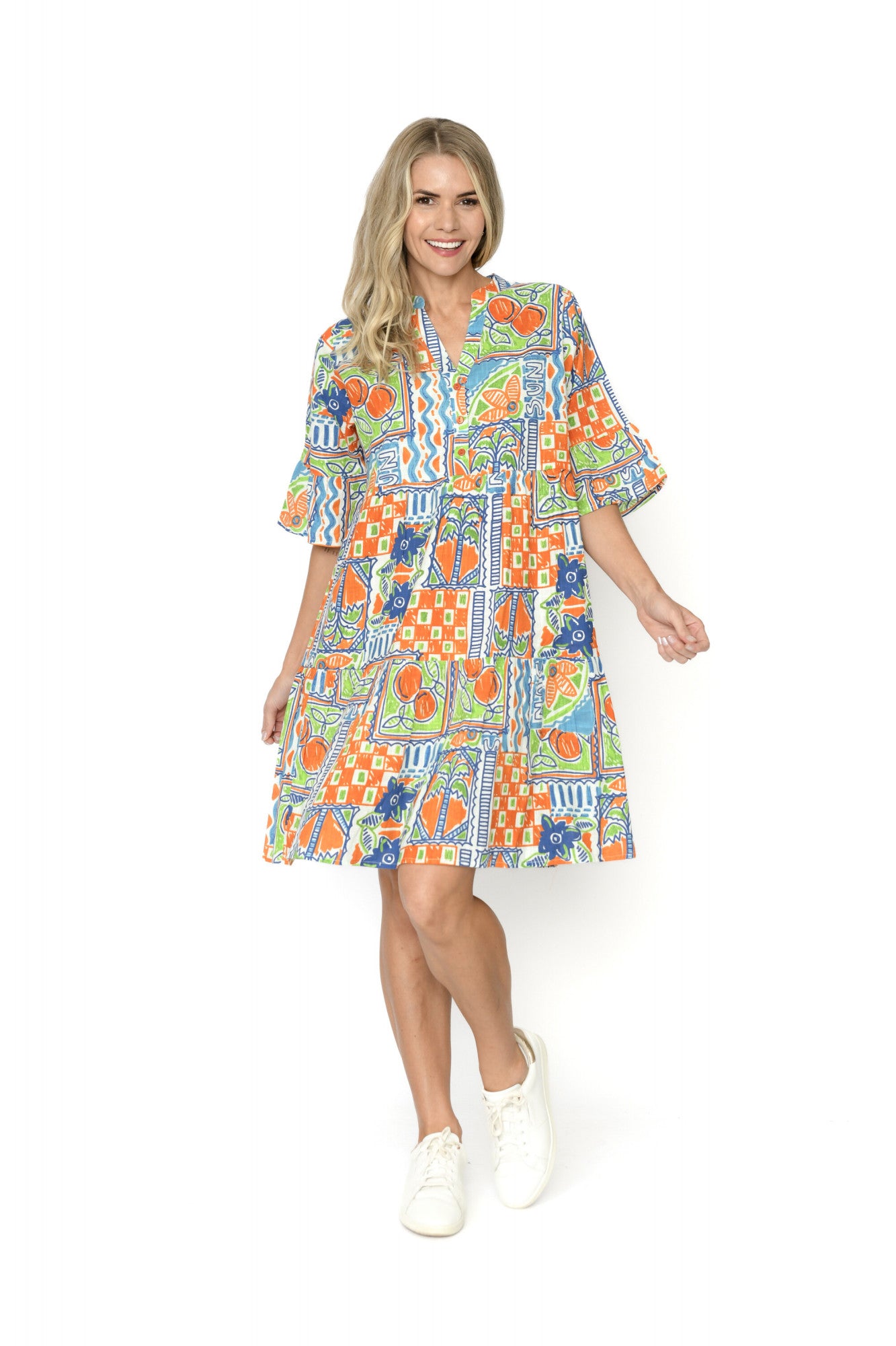 Maya Button V Neck Layer Dress - Orange Sun