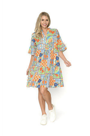 Maya Button V Neck Layer Dress - Orange Sun