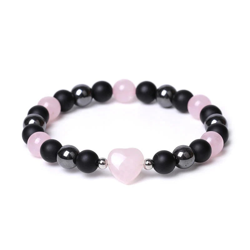 Black Onyx Bracelet With Rose Quartz Heart