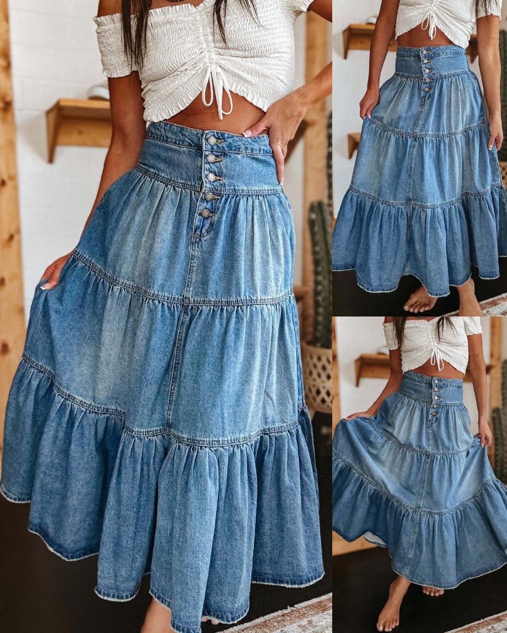 #Button Up Tiered Denim Maxi Skirt