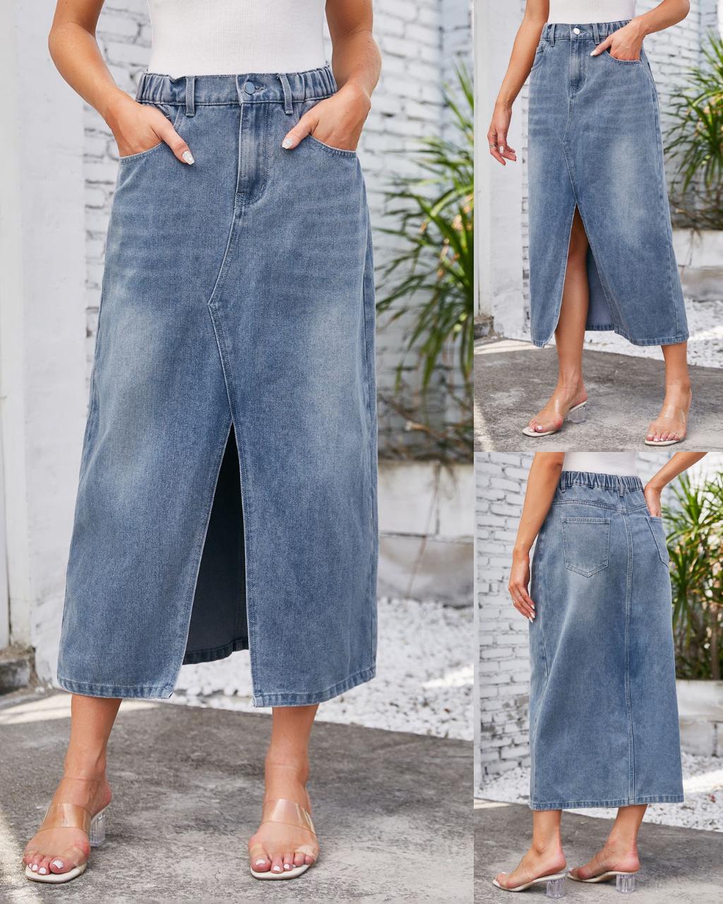 #Elastic Waist Denim Maxi Skirt