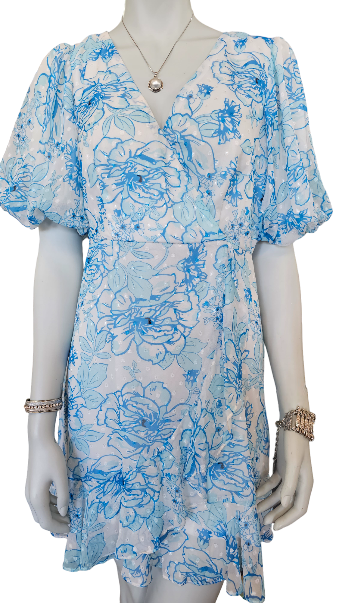 TEXTURED CHIFFON PUFF SLEEVE DRESS