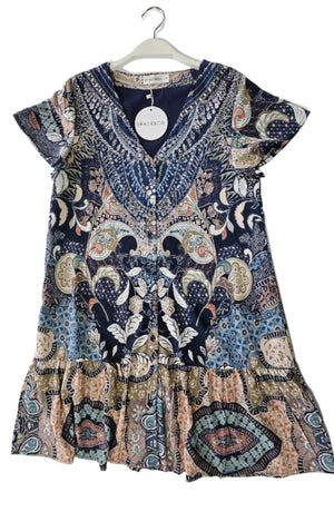 NAVY DIAMANTES A LINE DRESS WITH FRILL
