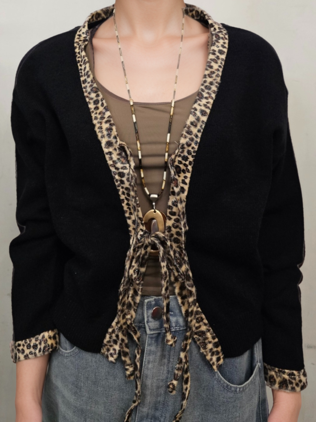 Leopard Collar Tie Front Jumper
