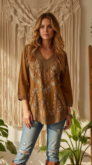 Etta Long Sleeve Emb Stonewash Top