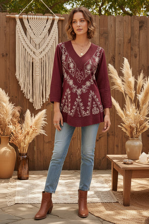 Etta Long Sleeve Emb Stonewash Top