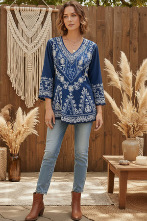 Etta Long Sleeve Emb Stonewash Top