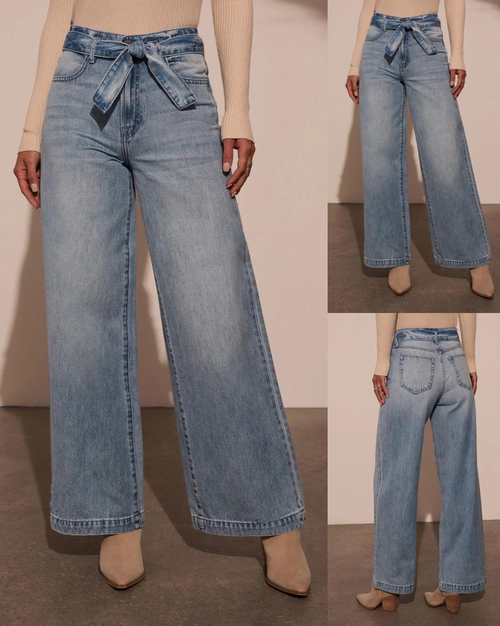 #Tie Belt Denim Flare Jeans