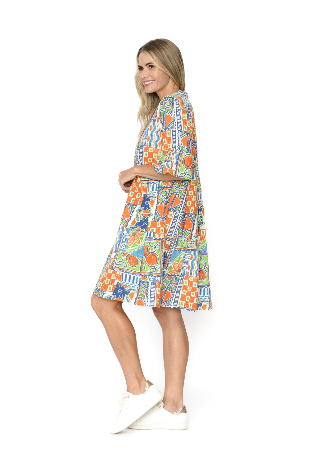 Maya Button V Neck Layer Dress - Orange Sun