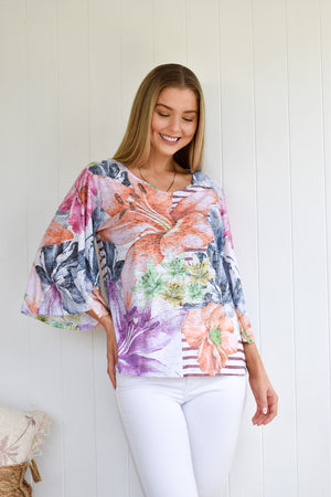 STRETCH FLORAL FLARED SLEEVE TOP