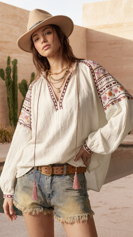 #V-neck Embroidered Tassel Neck Long Sleeve