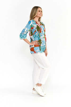 Tina V-Neck Pleated 3/4 Sleeve Top Greek Island