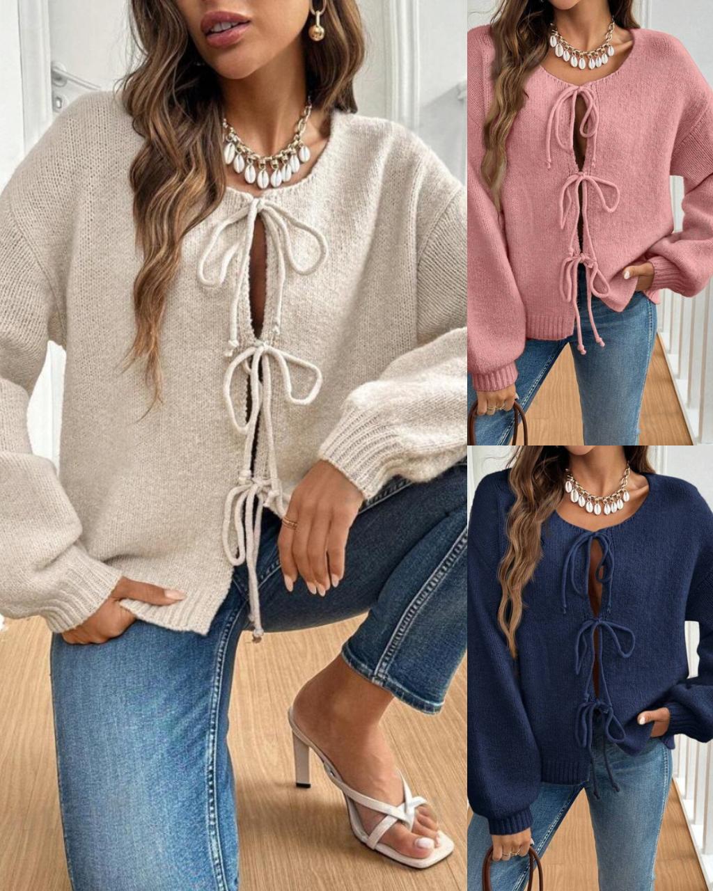 #Tie Front Knit Cardi Cream