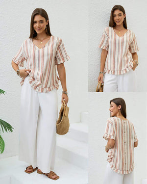 Striped V-neck Frill Hem Top