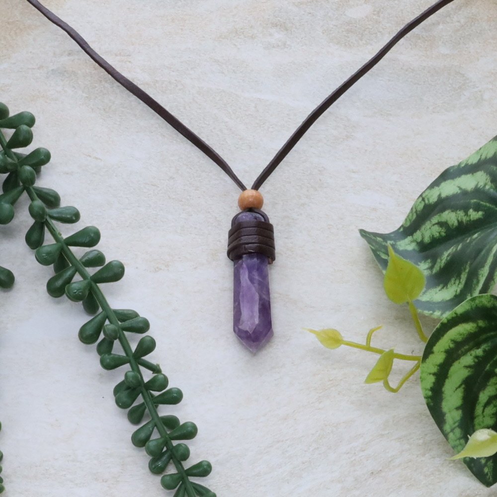 Crystal Point Leather Wrapped Necklace