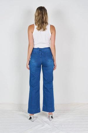Wide Leg Patch Pocket Jeans - Mid Blue