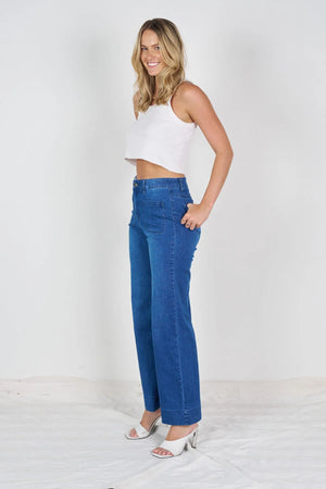 Wide Leg Patch Pocket Jeans - Mid Blue