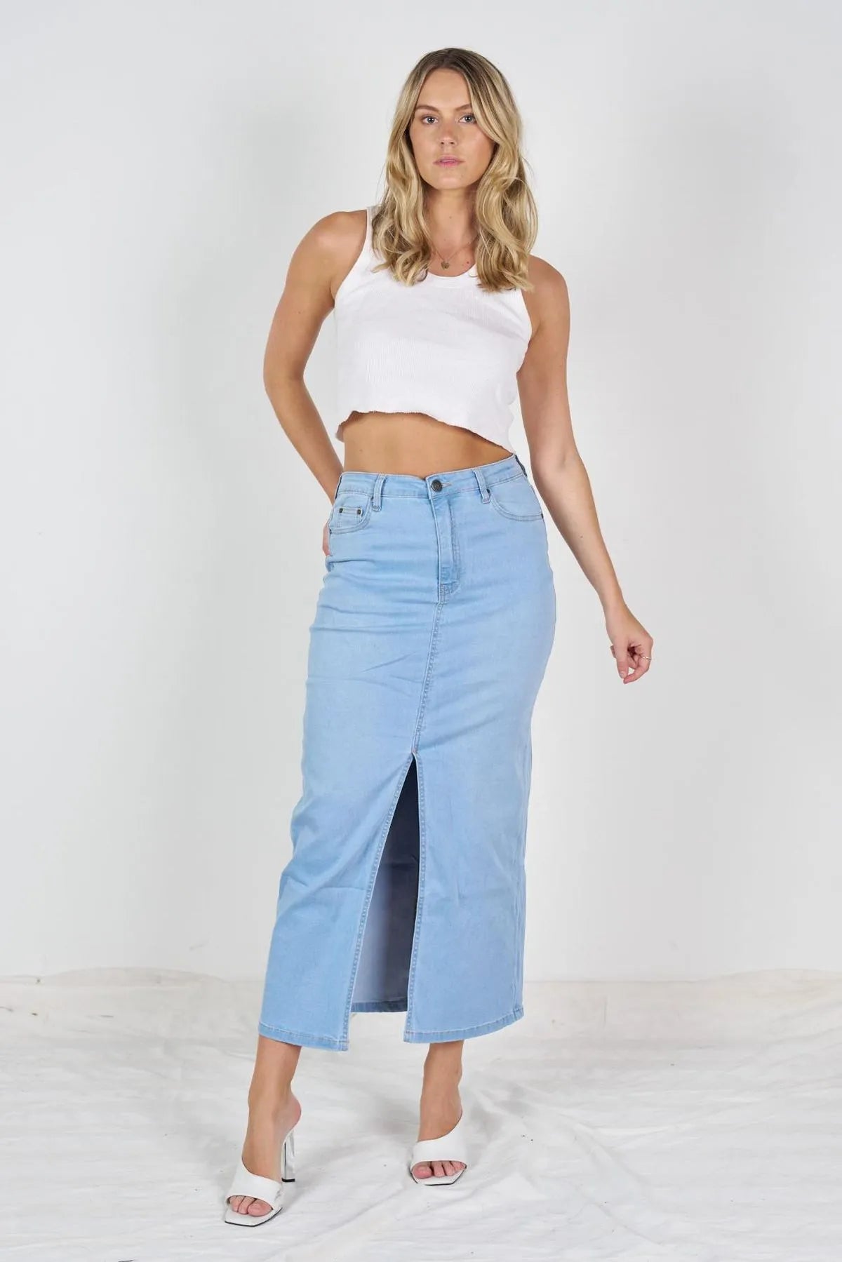 SPLIT FRONT MAXI DENIM SKIRT