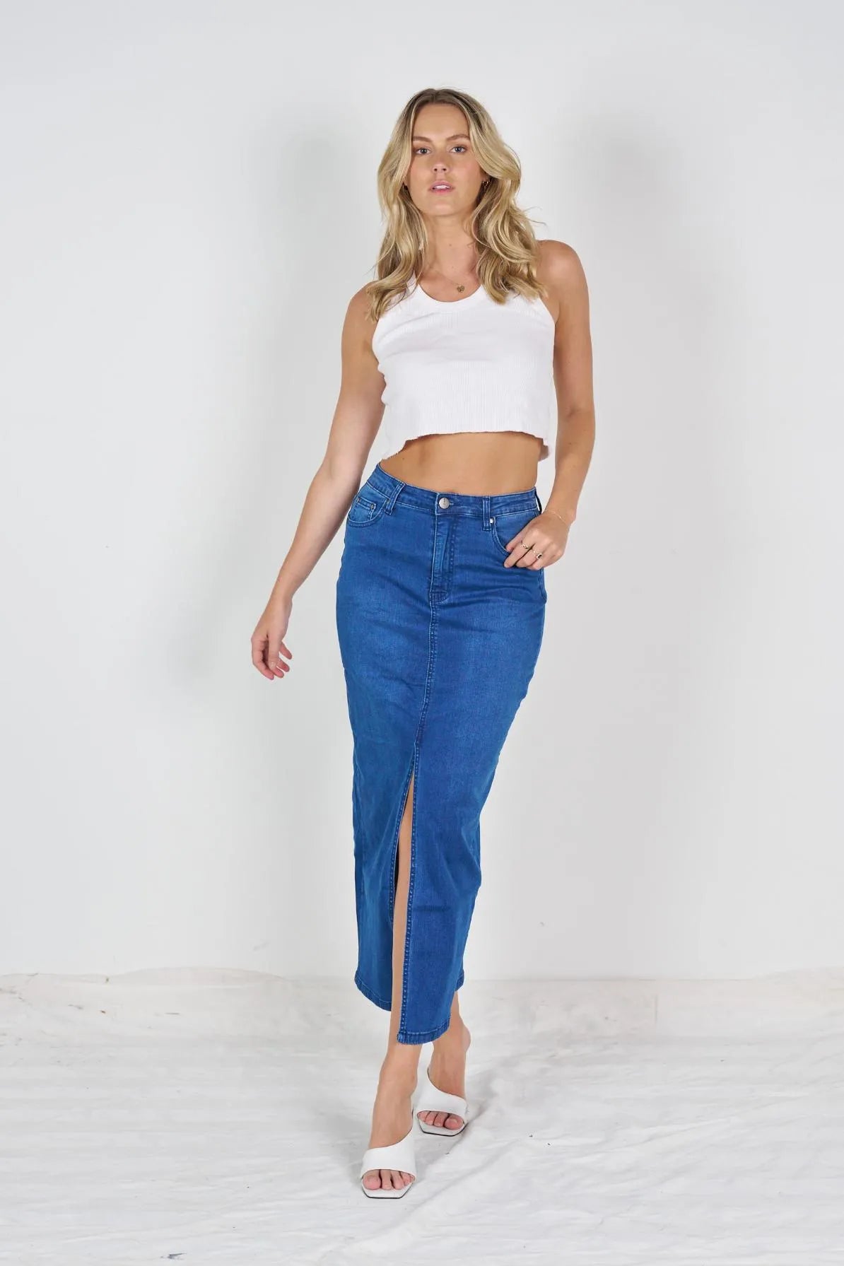 SPLIT FRONT MAXI DENIM SKIRT