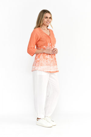 Tina V-Neck Pleated 3/4 Sleeve Top Mono Border