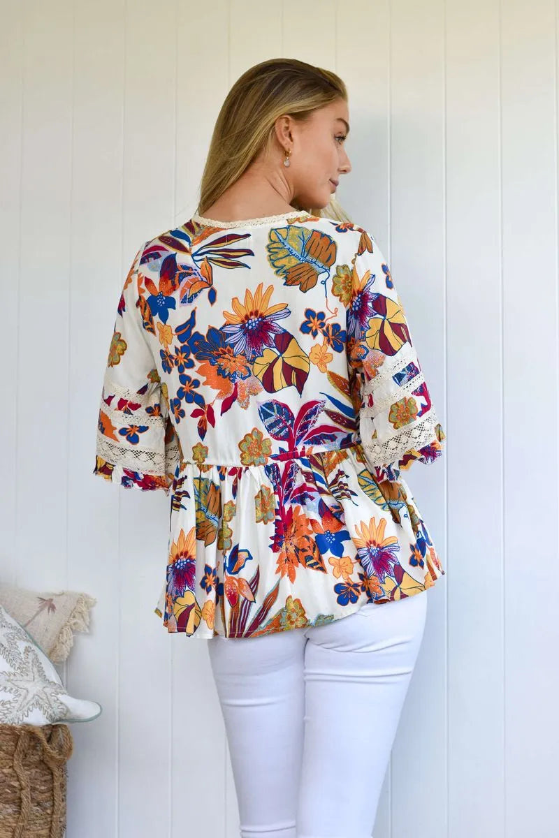 Aloha Rayon Baby Doll Lace Trim 3/4 Sleeve Top