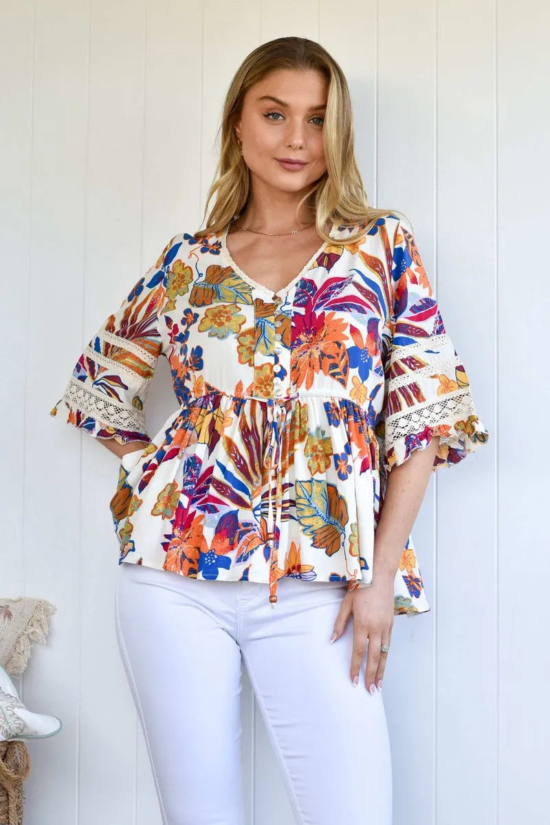 Aloha Rayon Baby Doll Lace Trim 3/4 Sleeve Top