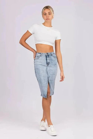 Acid Wash Long Denim Skirt
