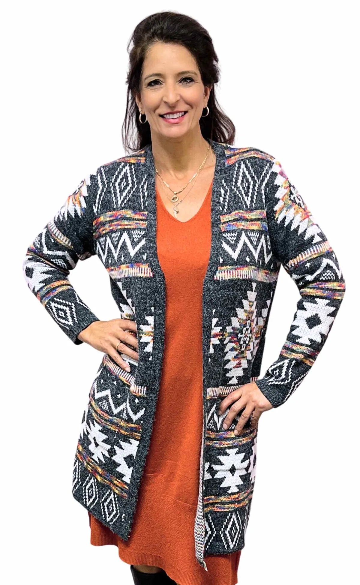 #Abstract Knee Length Cotton Cardigan