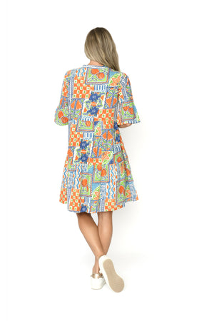Maya Button V Neck Layer Dress - Orange Sun