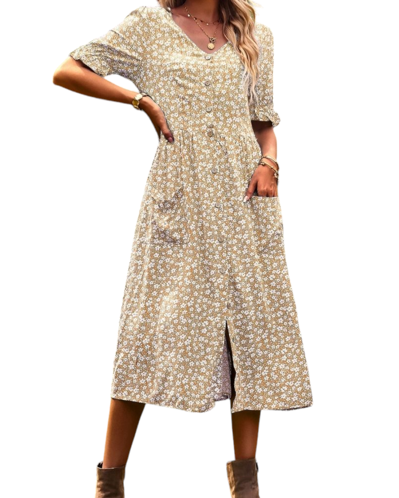 DITSY PRINT POCKET FRONT MIDI DRESS