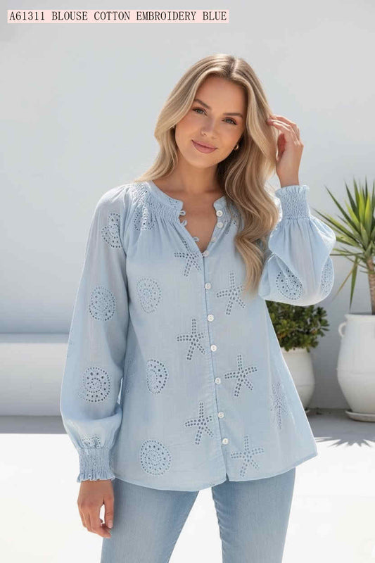 Seaside Cotton Embroidery Long Sleeve Blouse
