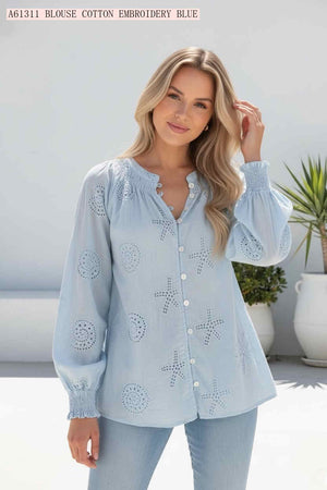 Seaside Cotton Embroidery Long Sleeve Blouse