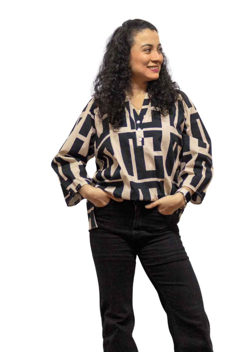 #Cotton Geometric 3/4 Sleeve Top
