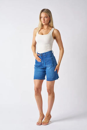 Mid Length Patch Pocket Denim Shorts