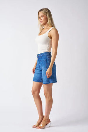 Mid Length Patch Pocket Denim Shorts