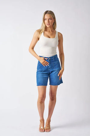 Mid Length Patch Pocket Denim Shorts