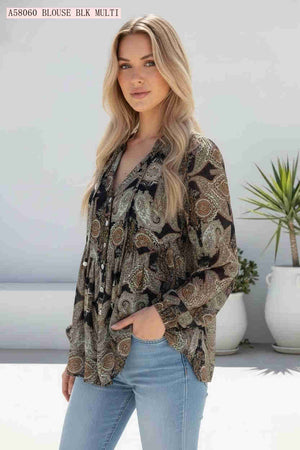 Paisley V-neck Babydoll Long Sleeve Top