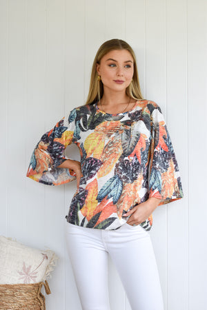 STRETCH FLORAL FLARED SLEEVE TOP