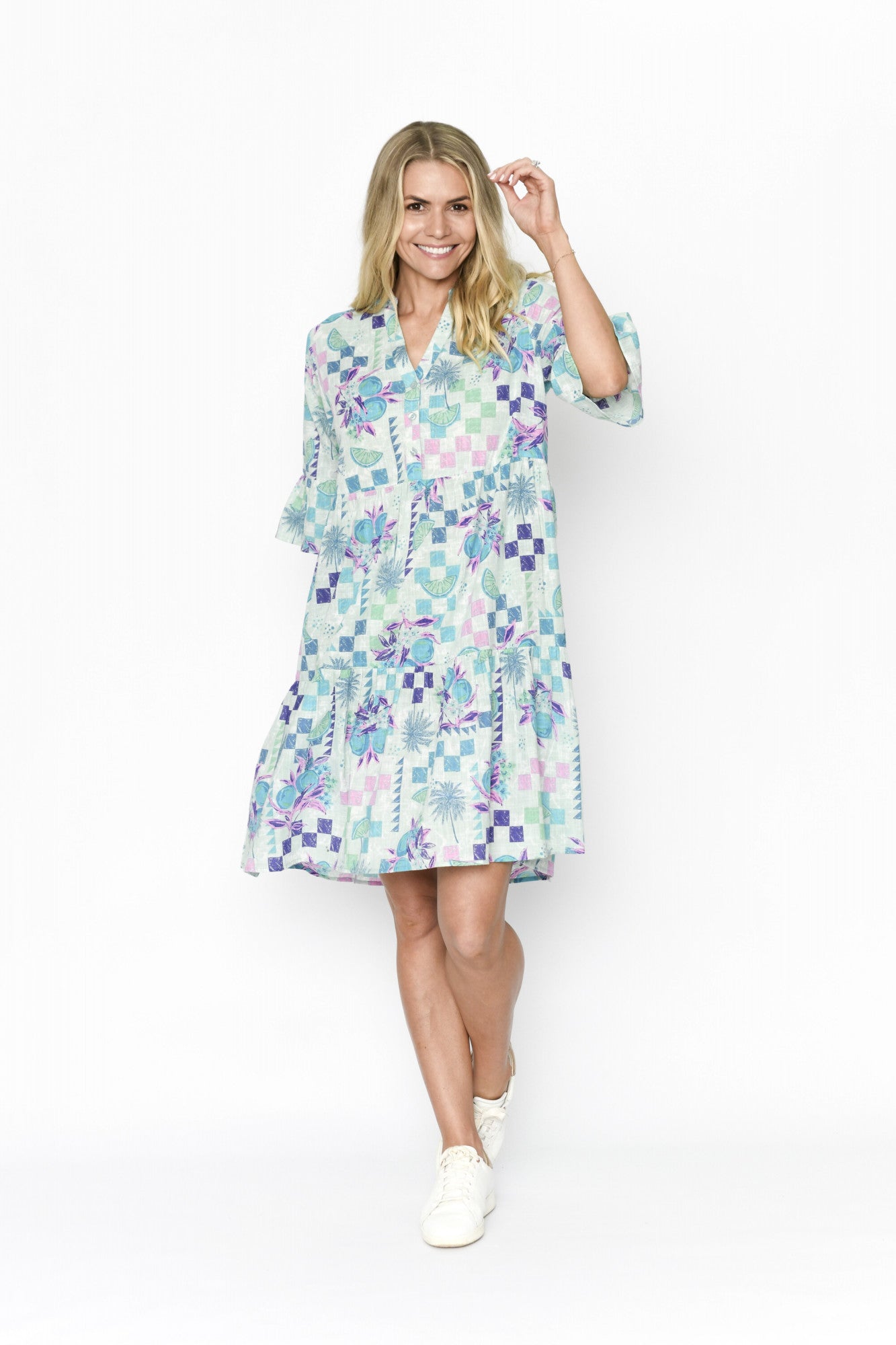 Maya Button V Neck Layer Dress - Blossom Print