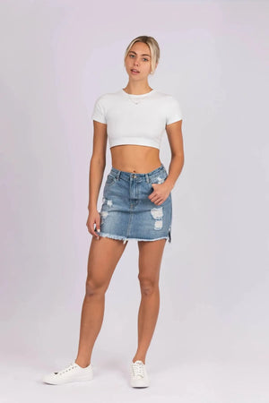 Denim Mini Skirt With Frayed Hem